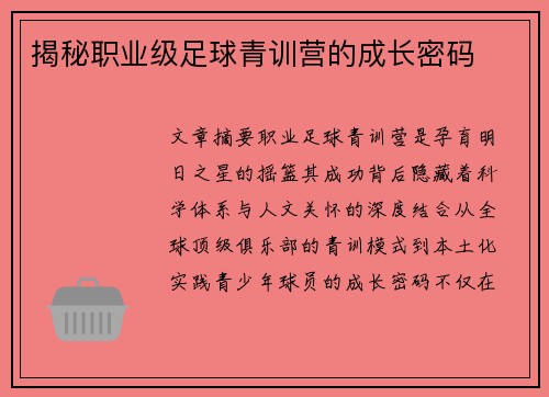 揭秘职业级足球青训营的成长密码
